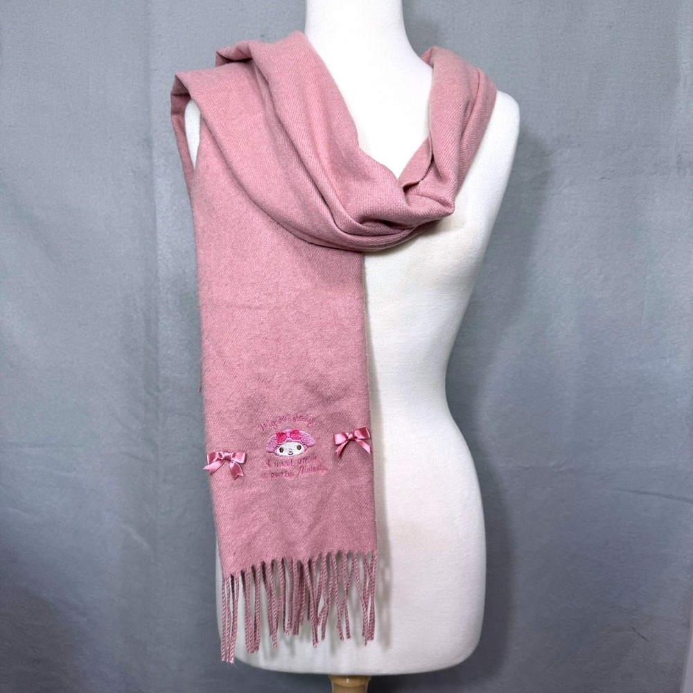 Sanrio‎ Smiles My Melody Scarf Pink Embroidered Bows Fringe Kawaii Cute Japan